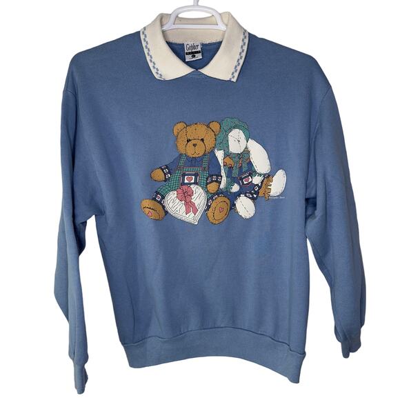 Vintage Grandma Sweatshirt Womens Large Teddy Bear Blue Collared Long Sleeve 90s - Picture 1 of 7